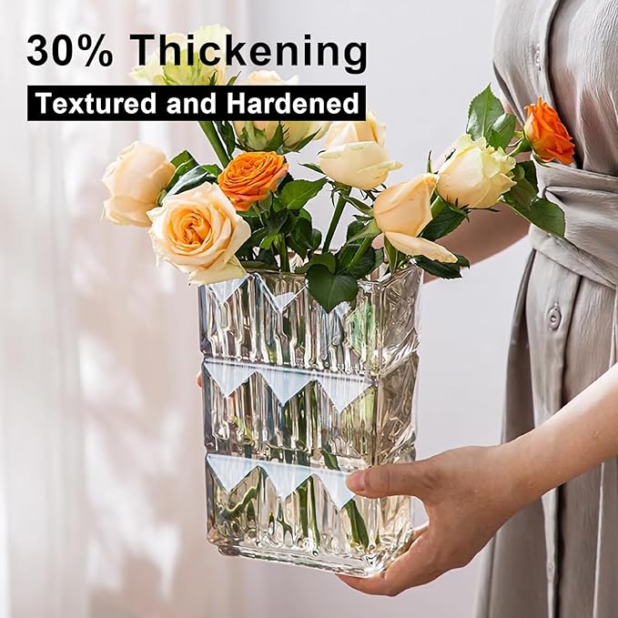 Glass Flower Vase, Clear Crystal Vases for Centerpieces, Heavy Handmade Modern Vases for Decor Home Bedroom Kitchen Office Living Room, 7.88 Inch (Clear Amber)