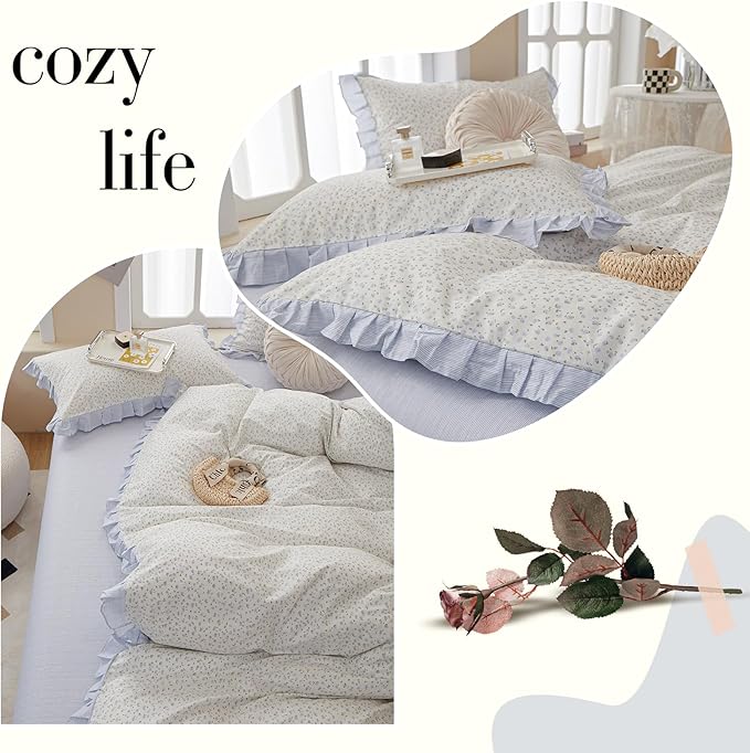 Ruffle Floral Duvet Cover Full Chic Vintage Blue Flower Duvet Cover Girls Romantic Lace Comforter Cover Cotton Floral Botanical Bedding Cover Cottagecore Flower Comforter Cover with 2 Pillowcases