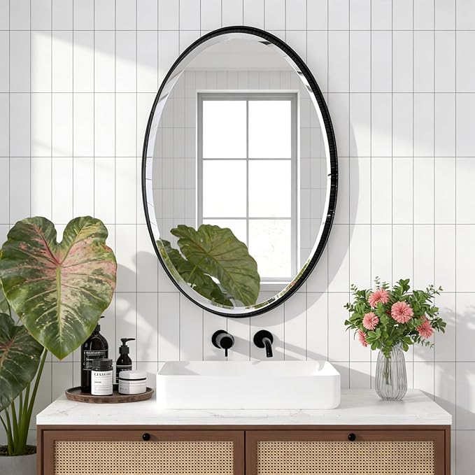 POZINO Oval Beveled Mirror, 24"x36" Bathroom Vanity Mirror for Over Sink, Matte Black Modern Oblong Wall Mirror for Living Room Entryway Bedroom Hallway Fireplace, Hangs Horizontal Or Vertical