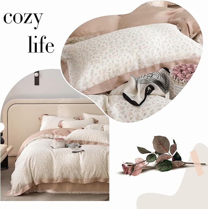 VM VOUGEMARKET Girls Pink Flower Leaves Duvet Cover Set Queen Princess Lace Bedding Set Cooling Silky Lyocell Duvet Cover with Zipper Closure-Blush Pink,90x90 Inch