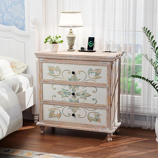 VINGLI Washed White Dresser with Charging Station, 3 Drawer Dresser Boho Wood Chest of Drawers, Wooden Dressers with Drawers and Solid Wood Legs