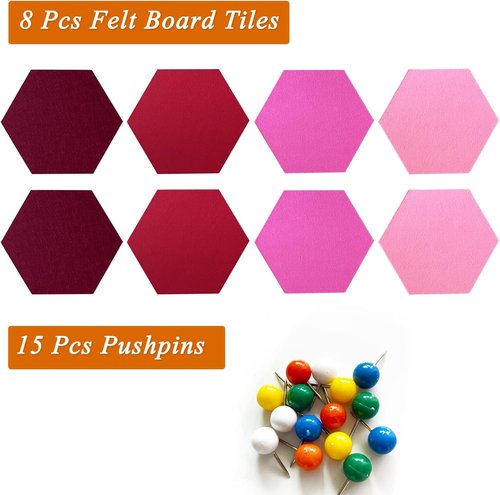 Skiennix 8Pcs Hexagon Felt Cork Board Tiles - Self-Adhesive DIY Bulletin Board for Home & Office Decor | Gradual Red
