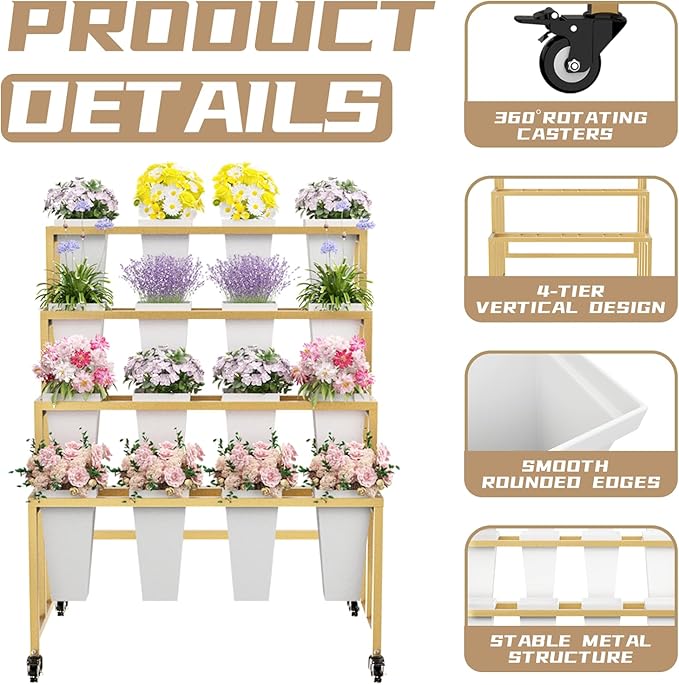 Flower Display Stand with 16 Buckets, 4 Layers Flower Bar, Gold Metal Plant Stand with Wheels, Heavy Duty Flower Cart for Indoor Outdoor Patio Garden Wedding Florist, Gold Metal Frame
