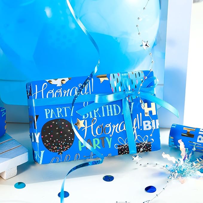 WRAPAHOLIC Birthday Wrapping Paper - Mini Roll - 17 Inch x 16.5 Feet - Blue Gold Foil Happy Birthday Wrapping Paper for Kids, Boys, Men, Baby Shower