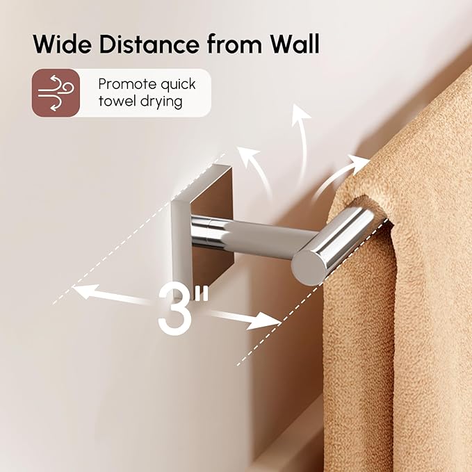 USHOWER Polished Chrome Towel Bar, 24 Inch Towel Racks for Bathroom Wall Mounted, 304 Stainless Steel Towel Holder with Square Base, Modern Home Decor (Total Length 26 Inch)
