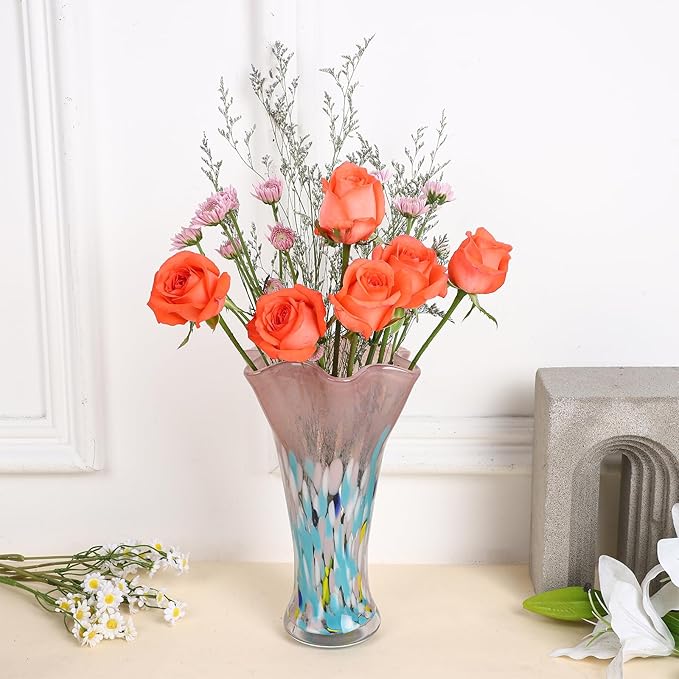 9.0" H Blush Glass Vases for Flowers, Unique Hand Blown Glass Vase Blush Home Decor, Wide Mouth Colorful Flower Vase Centerpieces, for Living Room Table Bookshelf, Bathroom Office Shelf Decorative