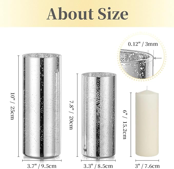 Glass Cylinder Vases Set of 12, Hewory Glittery Silver Vase for Centerpieces, Glass Hurricane Candle Holders for Pillar Floating Candle, Round Tall Vase for Wedding Anniversary Events Home Table Decor