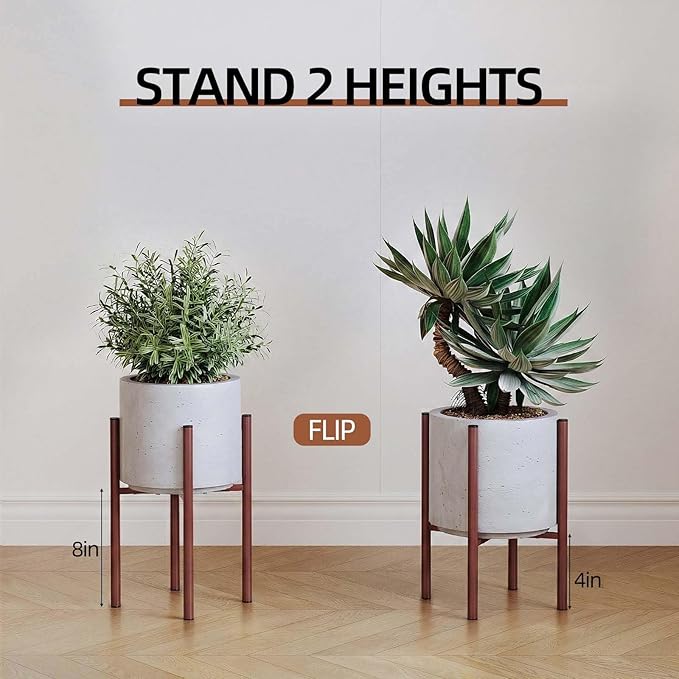 Adjustable Metal Plant Stand Indoor, Fits 8-14 Inch Pots, Mid Century Modern Planter Holder,2 Heights, Heavy Duty 160 lb, Indoor Outdoor Corner Floor Pot Stand, Coffee with Round Plate