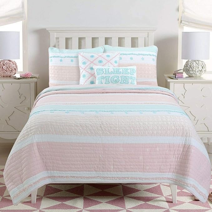Cozy Line Home Fashions Light Pink Blue Ruffles Girl 100% Cotton Reversible Quilt Bedding Set, Coverlet, Bedspread (Candy, Twin - 2 Piece: 1 Quilt + 1 Sham)