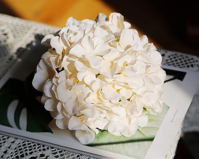 DuHouse Hydrangea Silk Flowers Large Artificial Flowers with Stem Fake Champagne Flower Heads for Wedding Centerpiece Home Decor Pack of 6