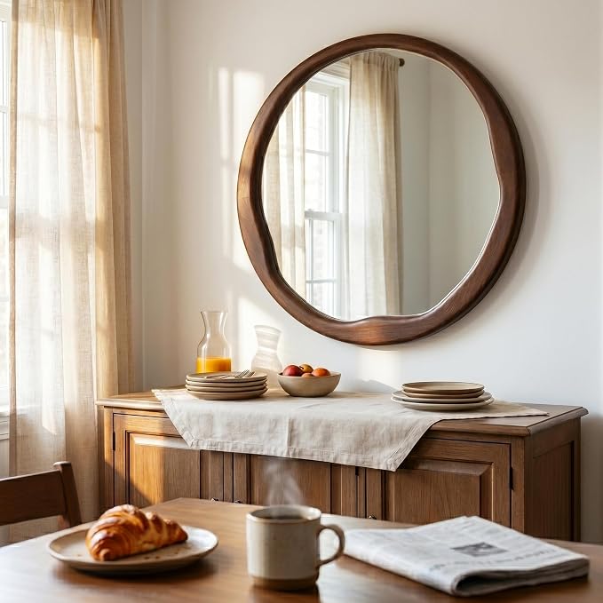 Round Dark Wood Mirror 30 Inch, Large Solid Wood Framed Wall Mirror with Asymmetrical Wavy Inner Edge for Living Room, Fireplace & Dining Room Decor