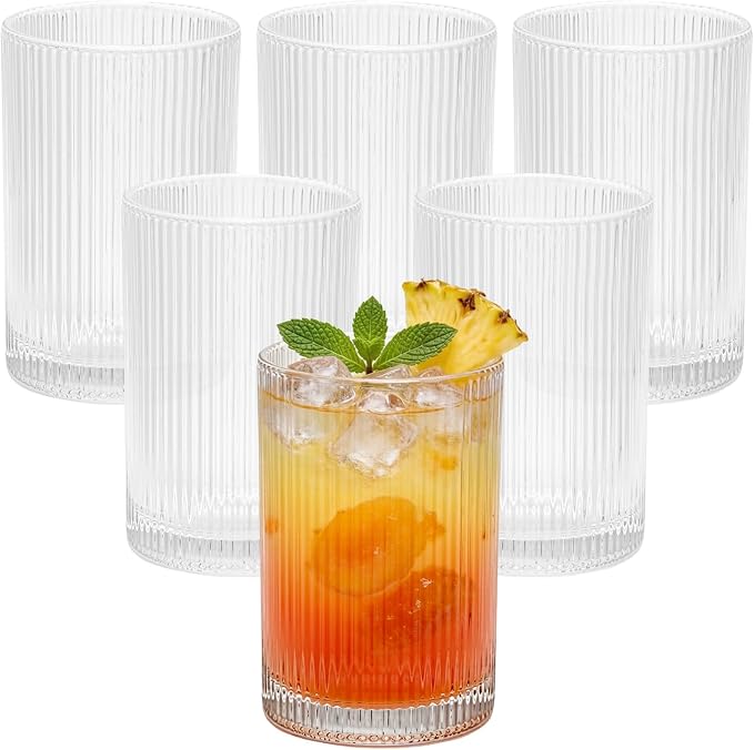XKXKKE 18 oz Ribbed Drinking Glasses Set of 6, High Clear Vintage Iced Coffee Cups Elegant Glassware, Highball Glass Cups Ridged Glass Tumbler for Cocktail, Whiskey, Beer, Water, Juice, Origami Style