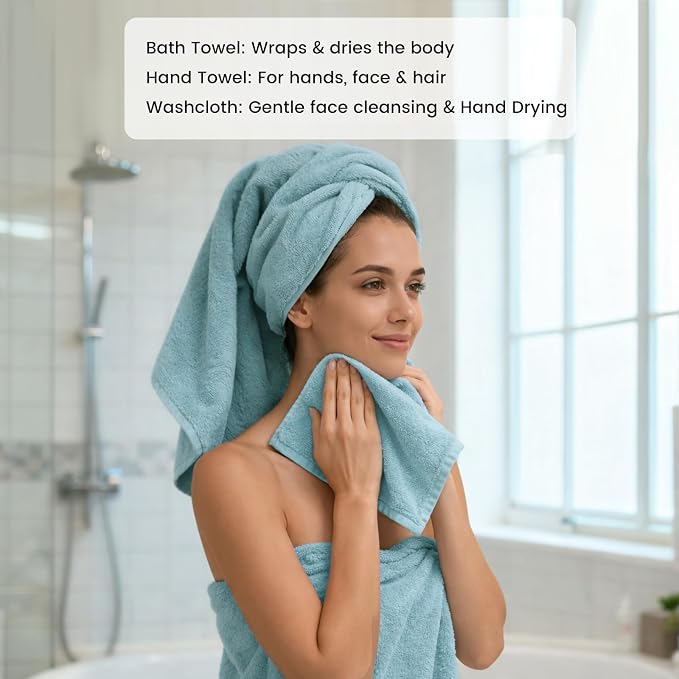 SEMAXE Bath Towel Set, 8 Piece Towel Set for Bathroom, Quick Dry Cotton Towels with Hanging Loops, Easy Care, Blue