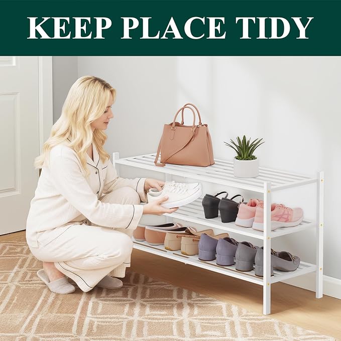 Smiry Long Bamboo Shoe Rack 3-Tier, Stackable Wooden Shoe Organizer for Entryway & Closet, Free Standing Wood Shoe Storage Shelf for Front Door & Small Spaces, White
