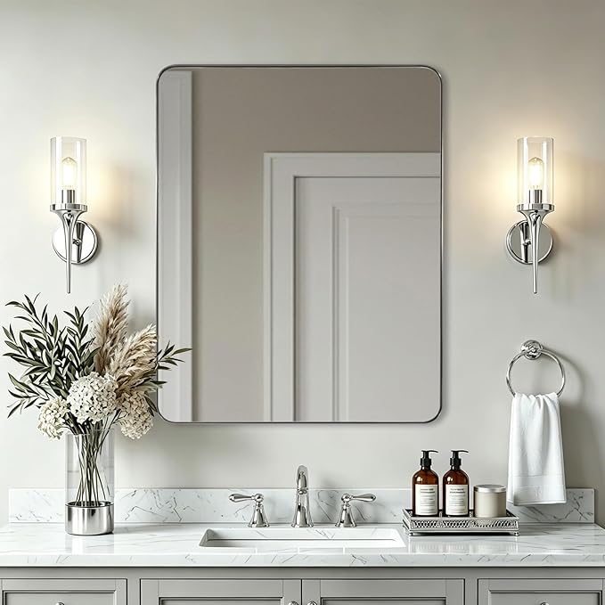 ANDY STAR Chrome Bathroom Mirrors for Over Sink, 24x32 Inch Polished Silver Mirror for Wall, Rectangular Metal Framed Vanity Mirror -Modern Clean Design with Superior Stainless Steel Frame