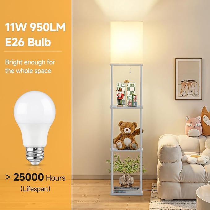 SHINE HAI Floor Lamps with Shelves for Living Room, 3-Tier Square Modern Standing Lamp with 3CCT Bulb, 11W 950LM Brightness, Tall Shelf Lamp for Bedroom, Office, Bookshelf & Display Organizer