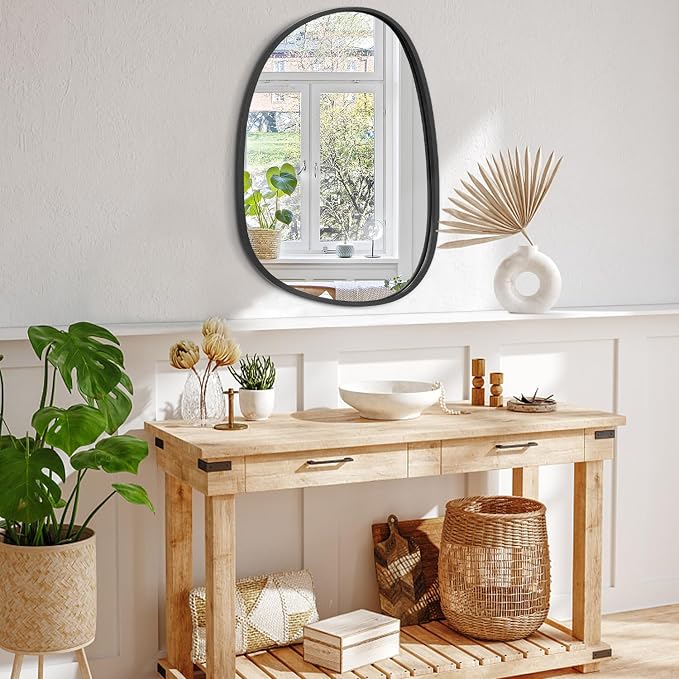 Asymmetrical Decorative Black Mirror for Wall Large Modern Oval Wooden Framed Wall Mirror Unique Shape Wall Mounted Vanity Artistic Wavy Mirror for Living Room Bedroom Bathroom Entryway 26"x18"