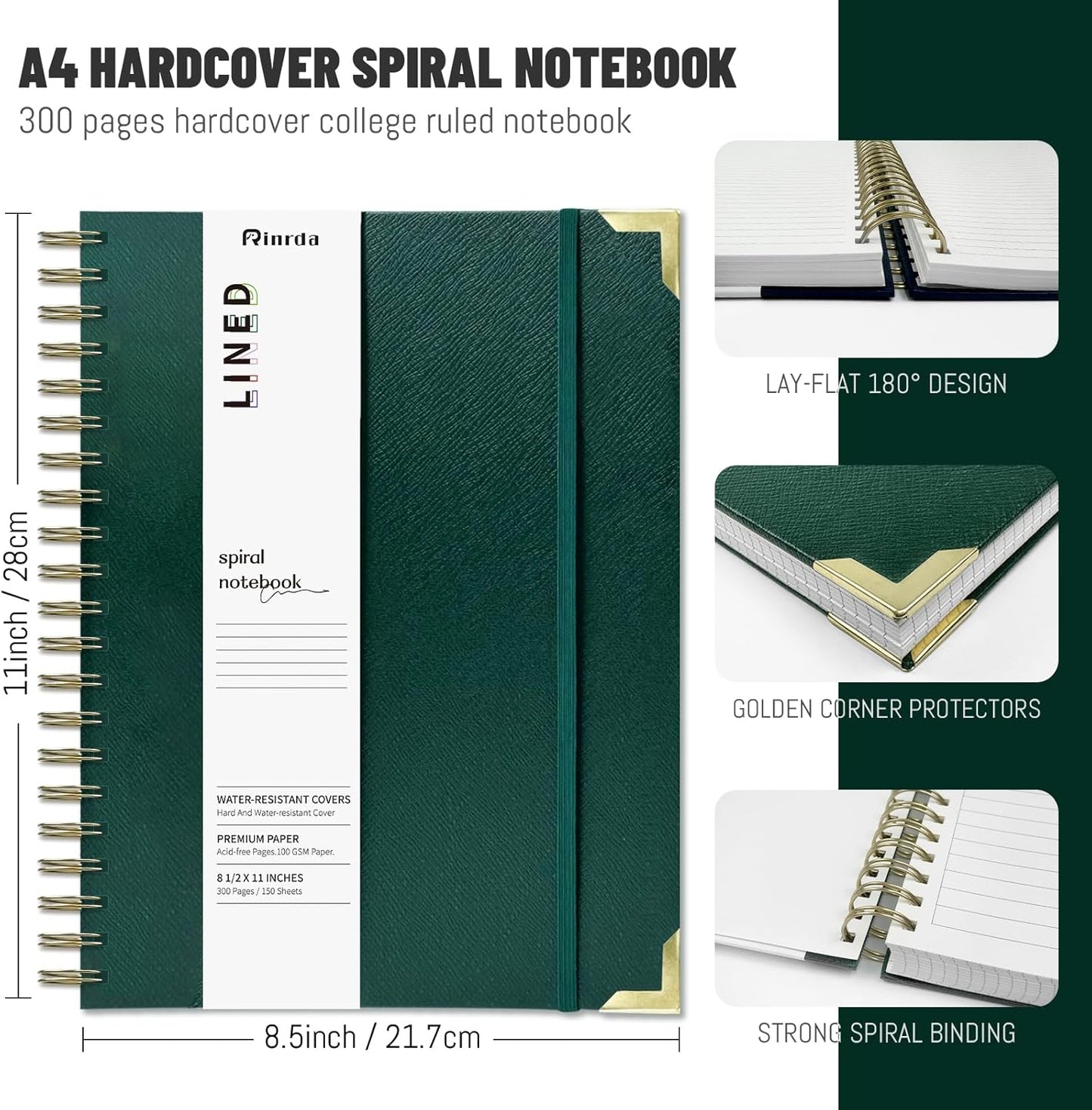 Skiennix Lined Spiral Journal - 300 Pages A4 Hardcover Notebook with Thick 100GSM Paper | Dark Green