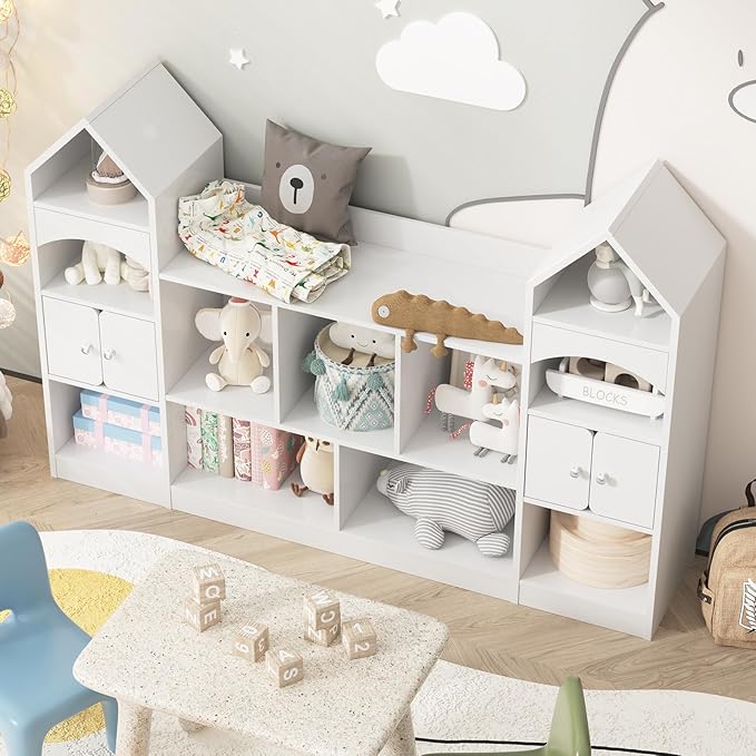 Castle Shape Children's Bookshelf, Kids Bookcase Display Case Kids Toy Storage Organizer Multifunctional Storage Cabinet Bookshelf Suitable for Playroom, Children's Room, Living Room, White