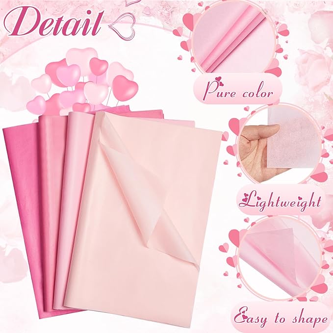 Qilery 500 Sheets Pink Tissue Paper Bulk for Gift Bags 15 x 20 Inch Acid Free Christmas Packaging Wrapping Paper Sheets for Valentine's Day Wedding Decoration DIY Flowers, Pom Poms Crafts Supplies