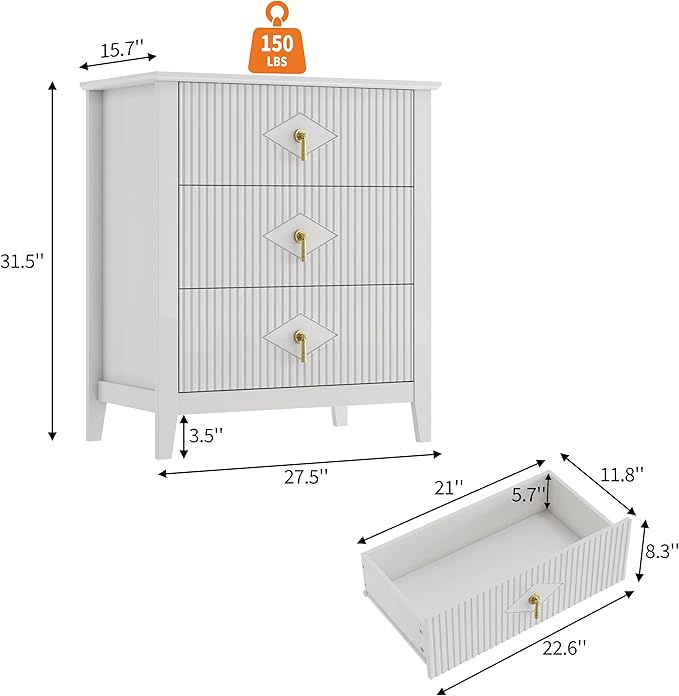 GarveeHome 2Pcs Wood Nightstand Fluted Dresser for Bedroom, 27.5" Wide 3-Drawer Bedside Tables, Modern Chest of Drawers, Storage End Table Living Room, Hallway, Entryway, White