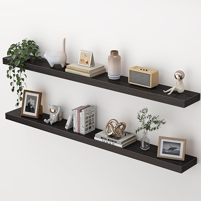 Heimlove 55 Inch Floating Shelves for Wall,Extra Long Mounted Storage wall Shelves with Invisible Metal Bracket for Bedroom Living Room Kitchen Office Set of 2,Black