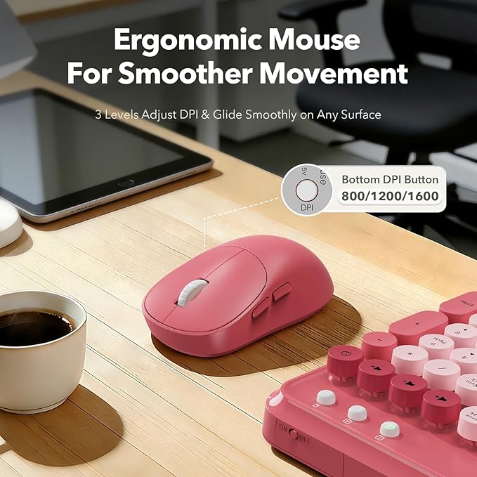 Wireless Keyboard and Mouse Combo with Phone/Tablet Holder, Cute Full-Size Typewriter-Style Keyboard, Retro Round Keycaps, 3-Level DPI Mouse, 2.4GHz Cordless Connection for Windows/PC/Laptop (Pink)