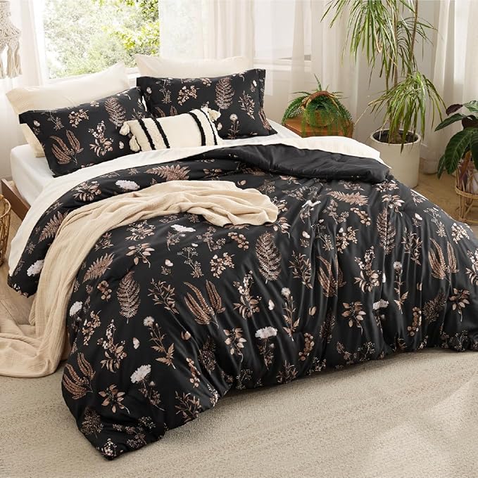 Bedsure Comforter Set Queen Size - Floral Bedding Comforter Set, 3 Pieces, 1 Soft Black Comforter and 2 Pillow Shams