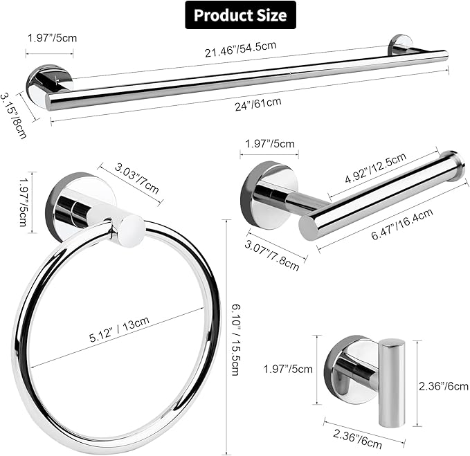 Polished Chrome Bathroom Hardware Accessories Set 5 Piece, Stainless Steel Bath Towel Bar Set 24 Inch,Toilet Paper Holder,Towel Ring Holder,Towel Rack Set,Gold Bathroom Accessories Kit Silver