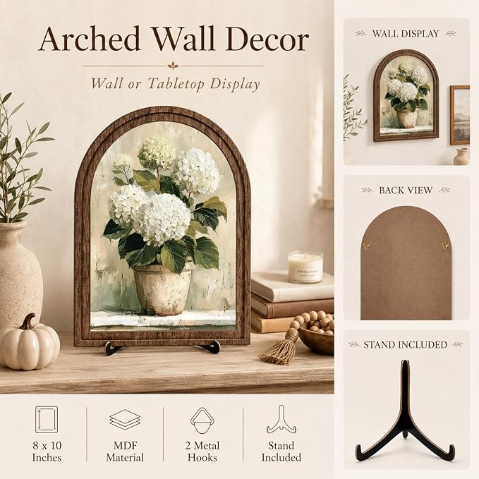 Tabletop Decor White Hydrangea Sign, Arched Wooden Frame with Stand, Flower Home Retro Decorations, Farmhouse Floral Decor, Rustic Potted Flower Art for Living Room Bedroom