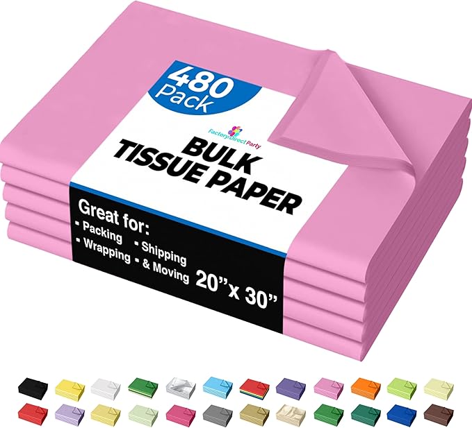 Party Solids Pink Tissue Paper for Gift Bags - 20" X 30" Bulk Tissue Paper Pink 480 Sheets - 10lb Newsprint for Packing, Birthday Gift Box Filler, Packing Supplies for Moving Supplies