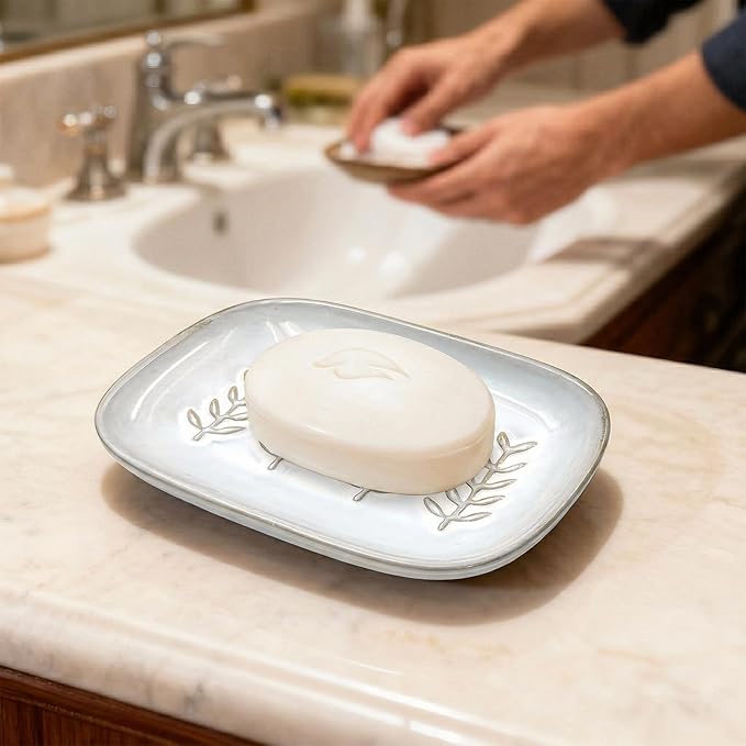 HighHerz Aesthetic Ceramic Soap Dish for Shower, Soap Holder with Raised Relief, Shower Soap Dish for Shampoo Bar Or Sponge, Soap Saver for Bathroom, Kitchen, Sink, Decorative Soap Tray (White)