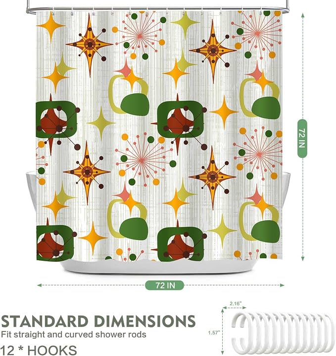 Mid Century Shower Curtain, 72x72inch, Modern Abstract Retro Green Striped Geometric Shower Curtain Sets 1950s Boho Bathroom Shower Curtain with 12 Hooks