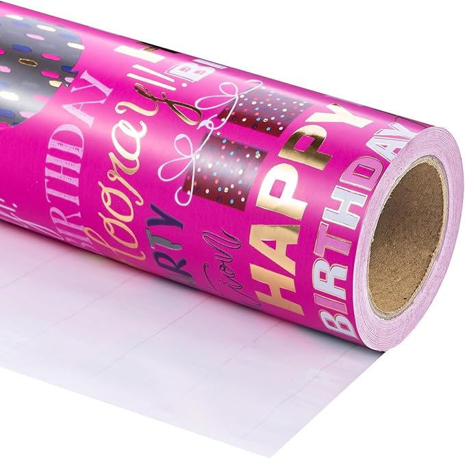WRAPAHOLIC Birthday Wrapping Paper - Mini Roll - 17 Inch x 16.5 Feet - Gold Foil Hot Pink Happy Birthday Wrapping Paper for Kids, Girls, Women, Baby Shower