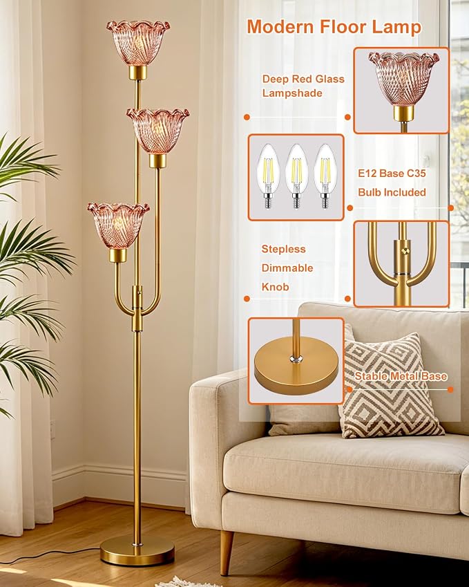Lightdot 3-Lights Glass Floor Lamp 66IN Modern Gold Dimmable Floor Lamps with 3000K Warm White Bulbs for Wedding Party Tall Standing Lamp with Deep Red Glass Shade for Living Room/Bedroom/Home Decor