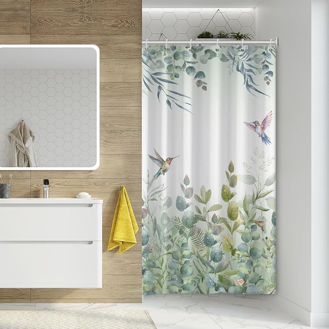 Green Leaf Shower Curtain Colourful Bird Eucalyptus Bathroom Curtain Plant Leaves Botanical Hummingbird Spring Summer Shower Curtain Sets for Bathroom Extra Long 36x72 in with 6 Hooks