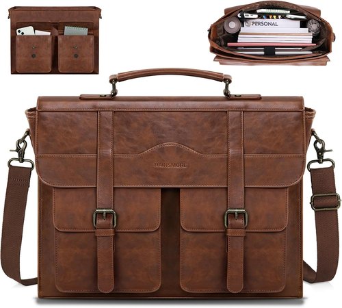 RAINSMORE Men's Vintage Leather Messenger Bag - 17 Inch Laptop Briefcase with Magnetic Closure