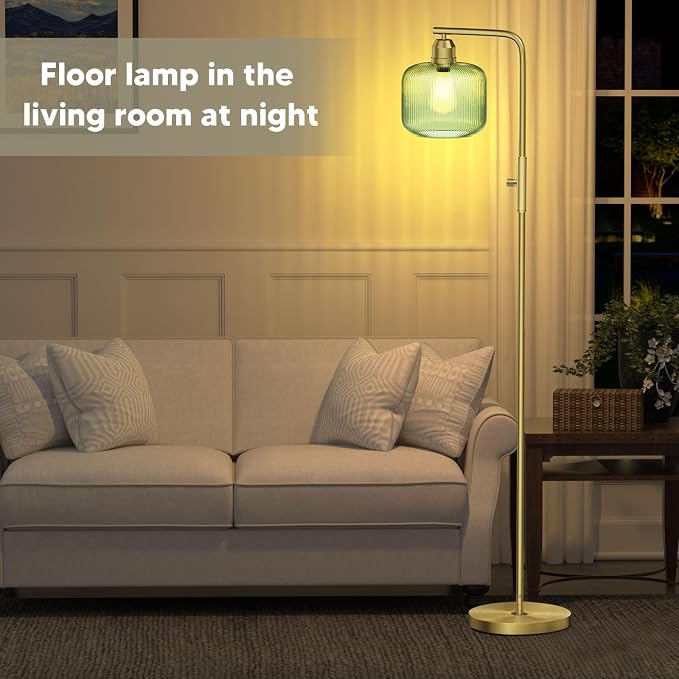 Glass Floor Lamp for Living Room, Modern Standing Lamp with Green Ribbed Glass Lampshade&Brushed Gold, Stepless Dimmable Rotary Switch, 66” Tall Lamp & Gold Floor Lamp for Bedroom Study Room