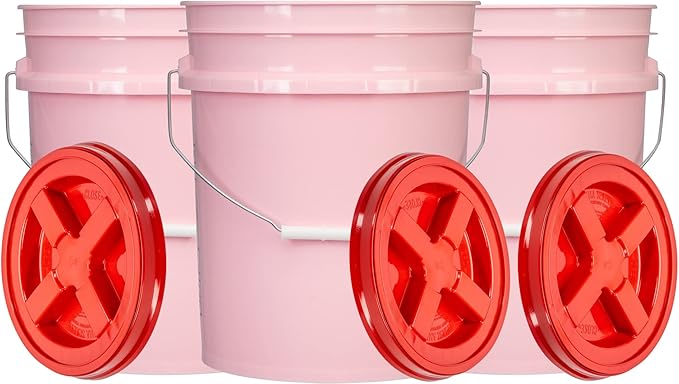 House Naturals 5 Gallon Pink Food Grade BPA Free Made in USA Plastic Storage Bucket with Lid Cover (Pack of 3) (with Scarlet Red Screw on Airtight Lids)