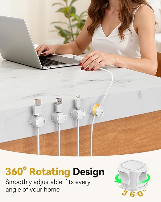 8Pack Rotatable Cord Organizer, Spring Cable Clips With Clasp Lock, INCHOR No-Residue Adhesive Cable Organizer, Cord Holder for Nightstand Car Home Office (White)