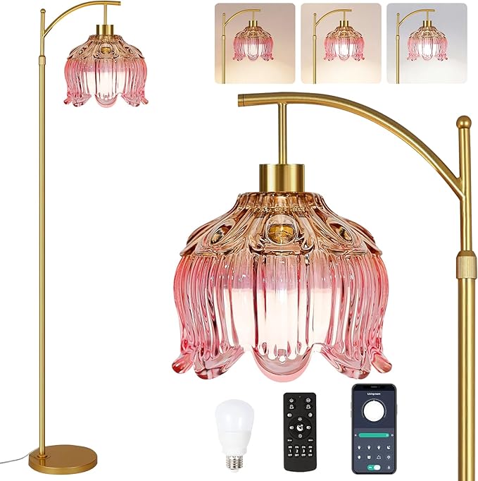 QIYIZM Pink Floor Lamp for Living Room,Bedroom,Glass Gold Dimmable Standing Lamp with Remote,Mid Century Modern Brass Tall Lamp Boho Floor Lamps Arc Stained Tulip Flower Floor Light Lamp Bohemian
