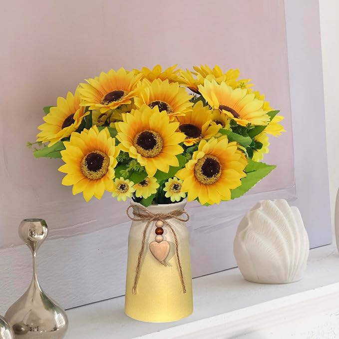 Artificial Sunflower Arrangement in Ceramic Vase – Fake Silk Sunflowers Table Centerpiece Decoration, Stylish Artificial Flowers with Vase for Home Table Dining Room