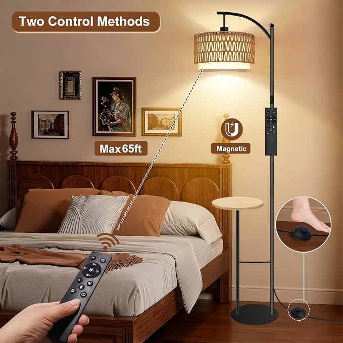 Arc Floor Lamp with Table and Shelves Dimmable Standing Lamp with Rattan and Fabric Shade, Boho Farmhouse Floor Lamp for Living Room with Remote, Wicker Tall Lamp with 3 Color Temperatures