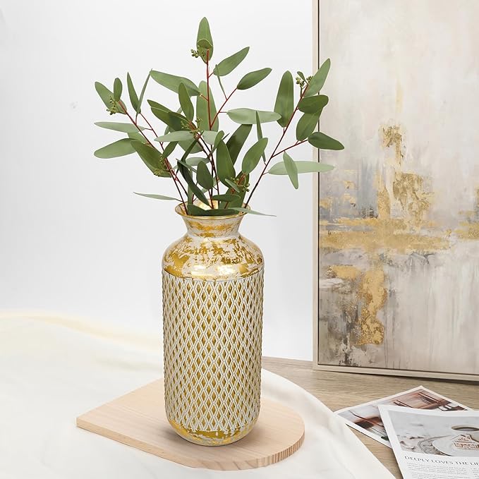 Flower Vase Rustic Metal Vases, 16" Gold Vintage Pattern Vase for Farmhouse Home Décor Artificial Flowers and Centerpieces