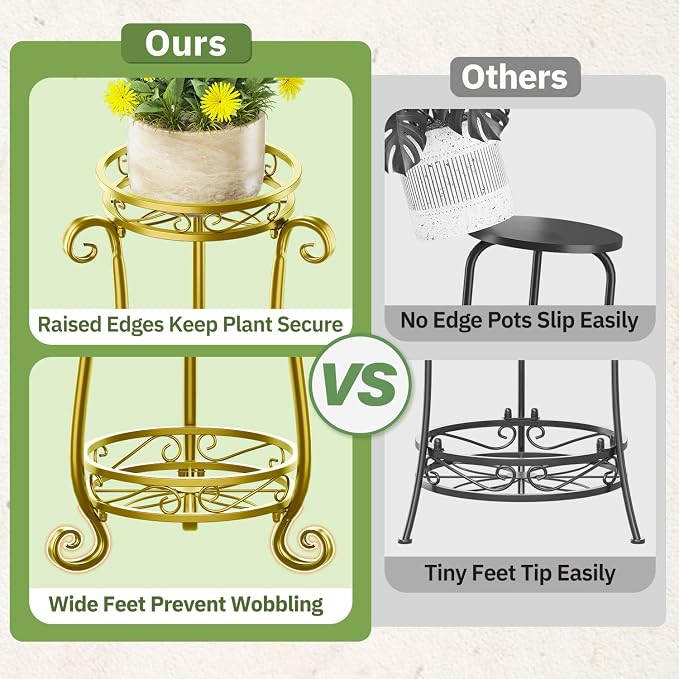 KMOTASUO 3 Tier Metal Plant Stand for Multiple Large Planters Indoor Outdoor Organizer, Heavy Duty Tall Flower Rack for Corner Patio Bathroom Office Corner, Modern Sturdy Vertical Iron Rack, Gold