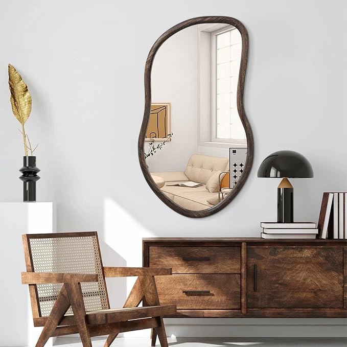 Asymmetrical Wall Mirror Rustic Brown Farmhouse Irregular Mirrors Wood Framed Mirror for Wall Wall Mirrors Decorative Hanging Mirrors for Wall Living Room Bedroom Entryway