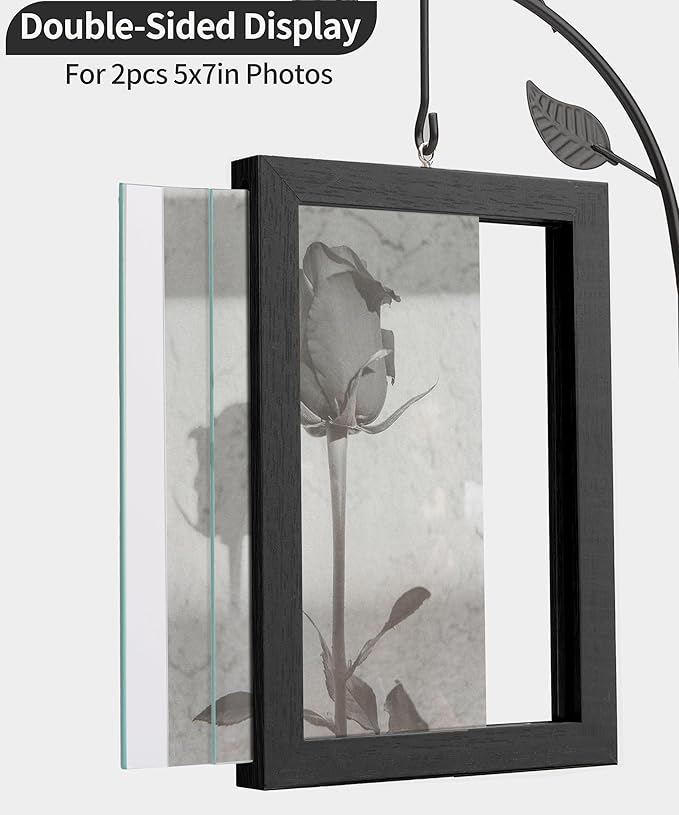 Afuly 5x7 Picture Frame Black Family Picture Frames with Metal Tree Stand Glass Vase Modern Desk Photo Frame for Double Sided Glass Display Wedding Birthday Gifts for Women Couple Mom