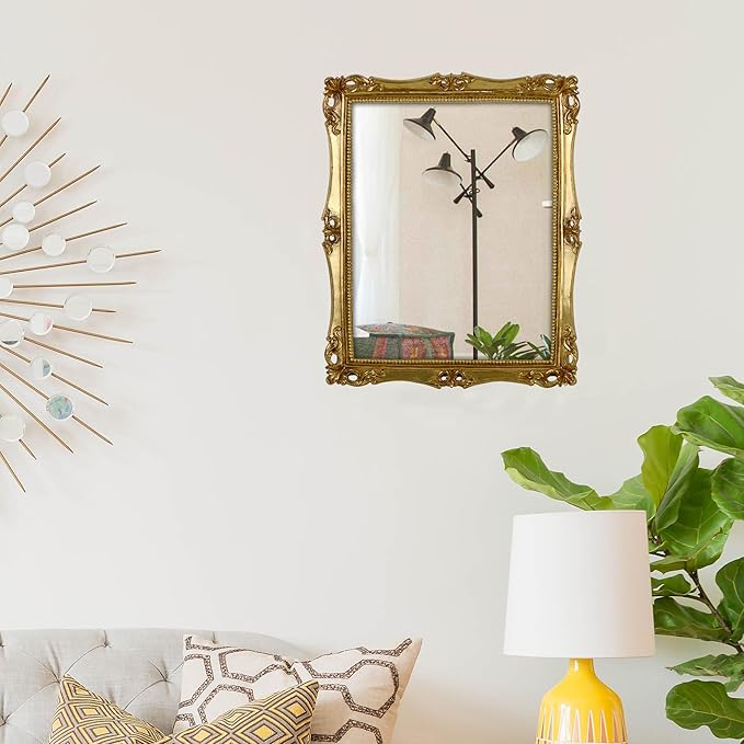 Funerom Vintage Decorative Mirror, Wall Mounted & Tabletop Makeup Mirror ，Square (Antique Gold, 16.5 x 13.5 inch)
