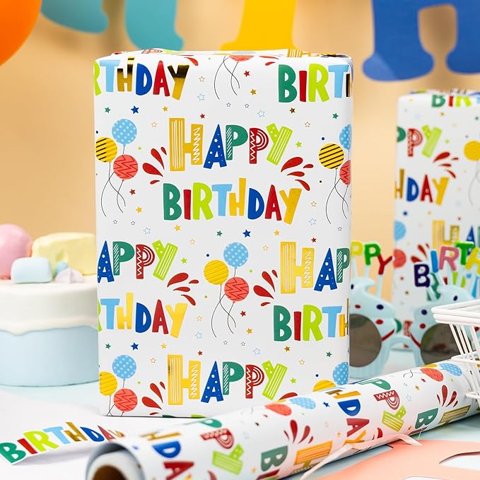 Burymento Birthday Wrapping Paper Roll for Boys Girls Kids Men Women - Colorful Gold Foil Balloon and Stars - Gift Wrap Paper for Birthday Party, 17 In x 32.8 Ft
