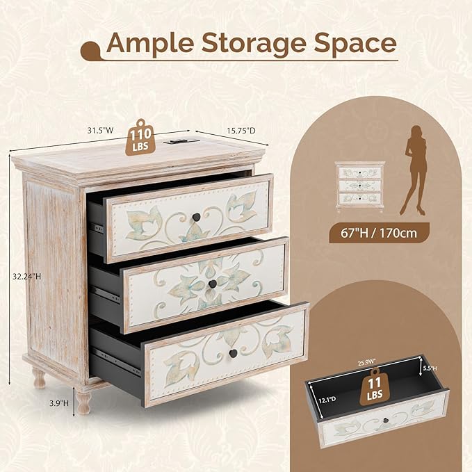 VINGLI Washed White Dresser with Charging Station, 3 Drawer Dresser Boho Wood Chest of Drawers, Wooden Dressers with Drawers and Solid Wood Legs
